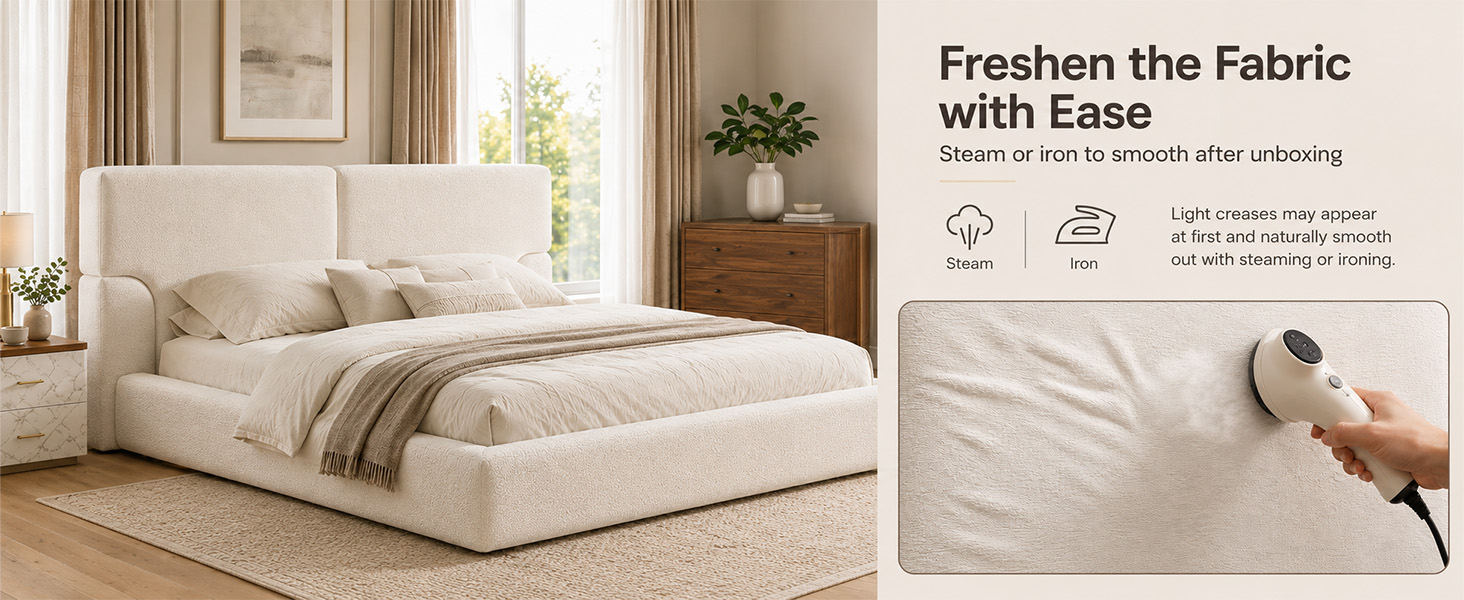 King Platform Bed Frame with Padded Polyester Headboard