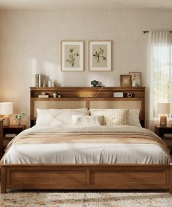 King Size Bed Frame with Rattan Headboard