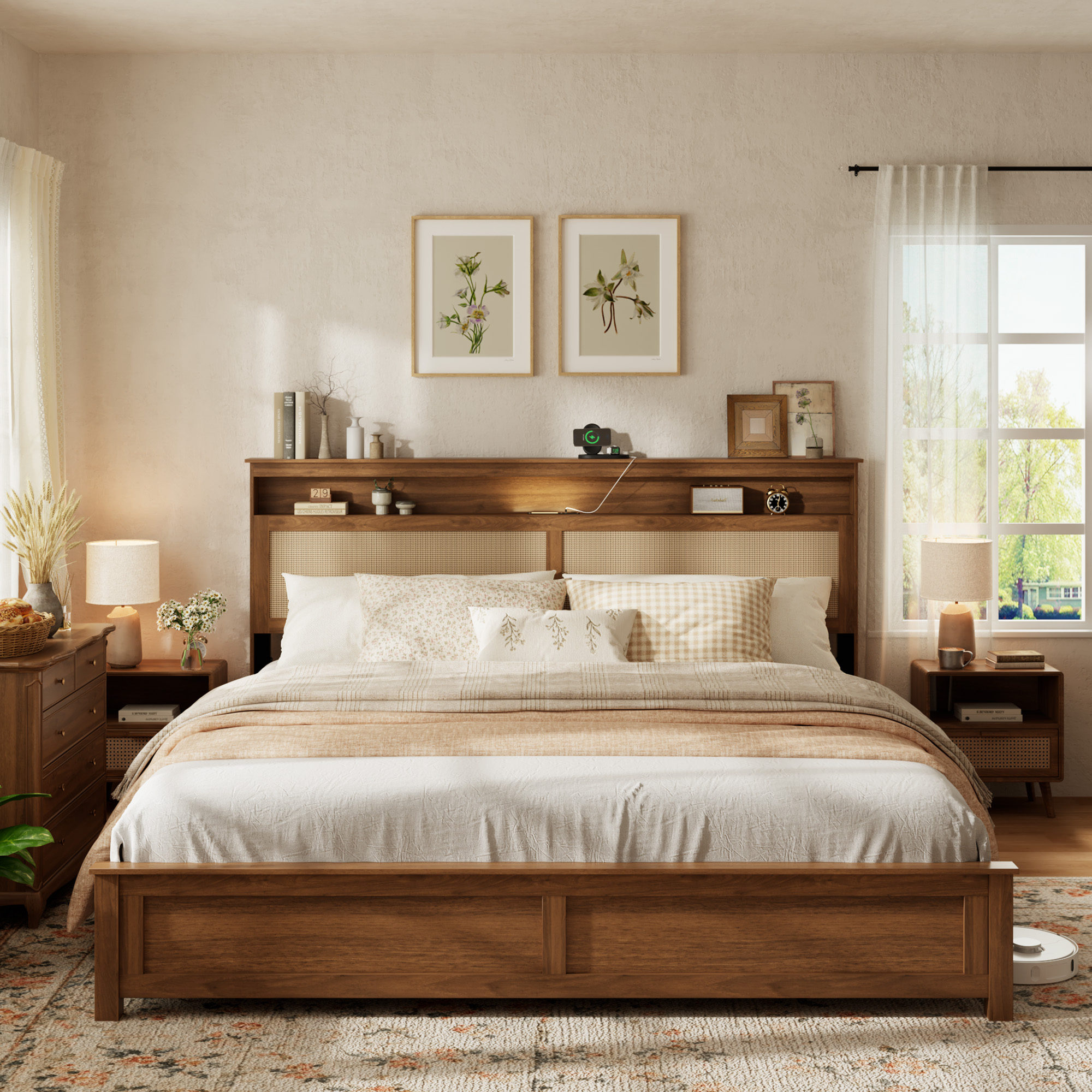 King Size Bed Frame with Rattan Headboard