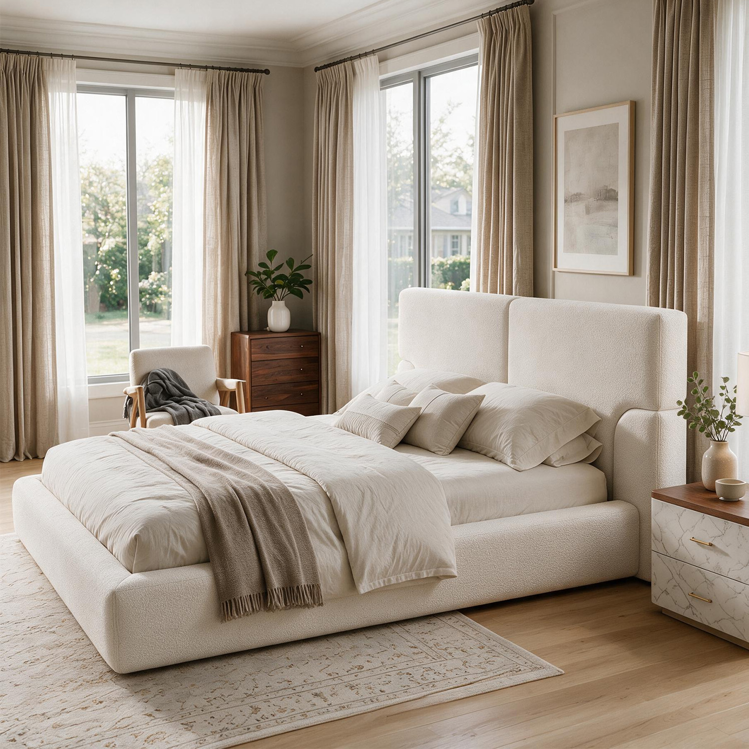 King Platform Bed Frame with Padded Polyester Headboard