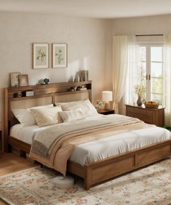 King Size Bed Frame with Rattan Headboard