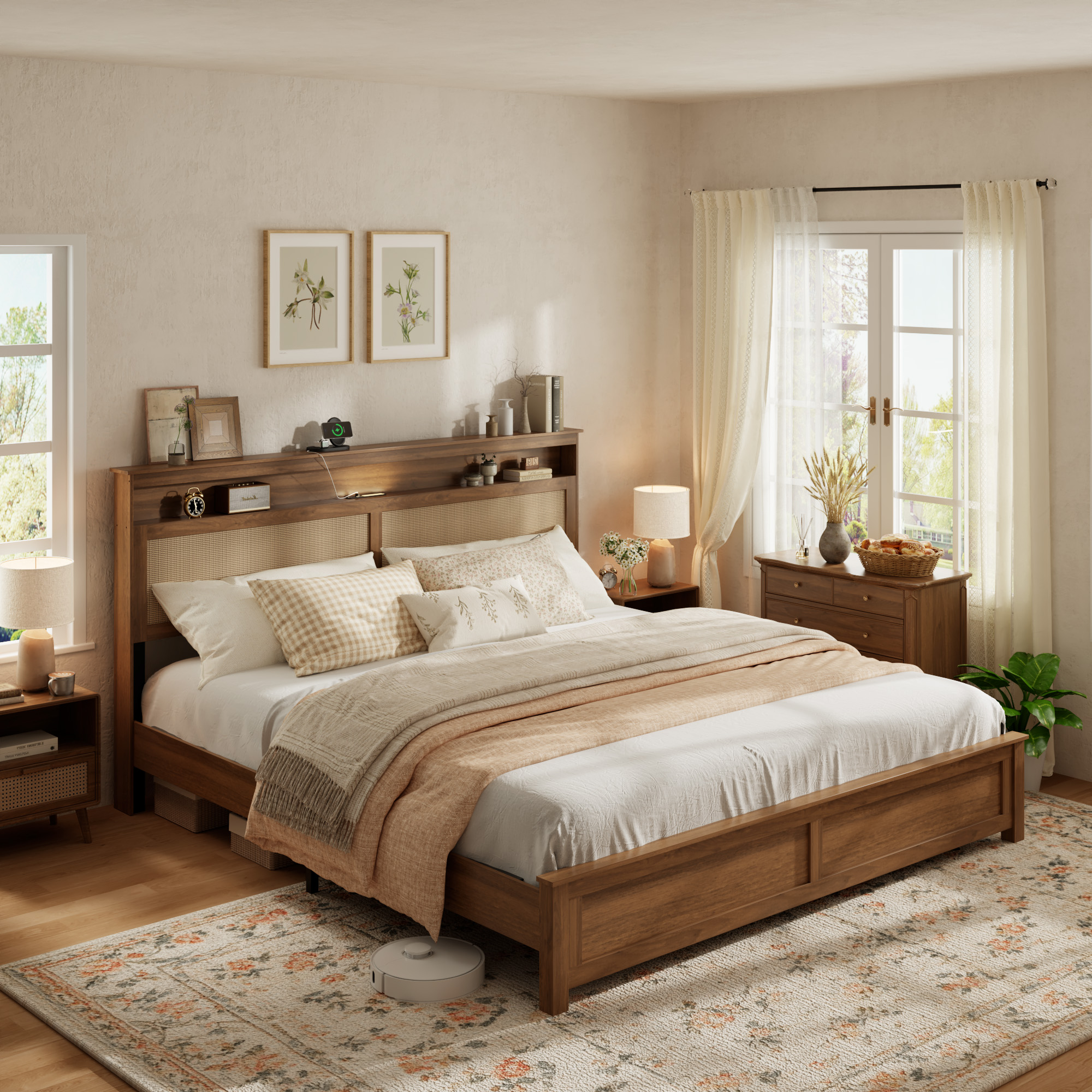 King Size Bed Frame with Rattan Headboard