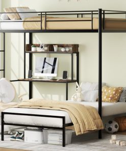 Twin Over Twin Size Bunk Bed With Desk and Charging Station