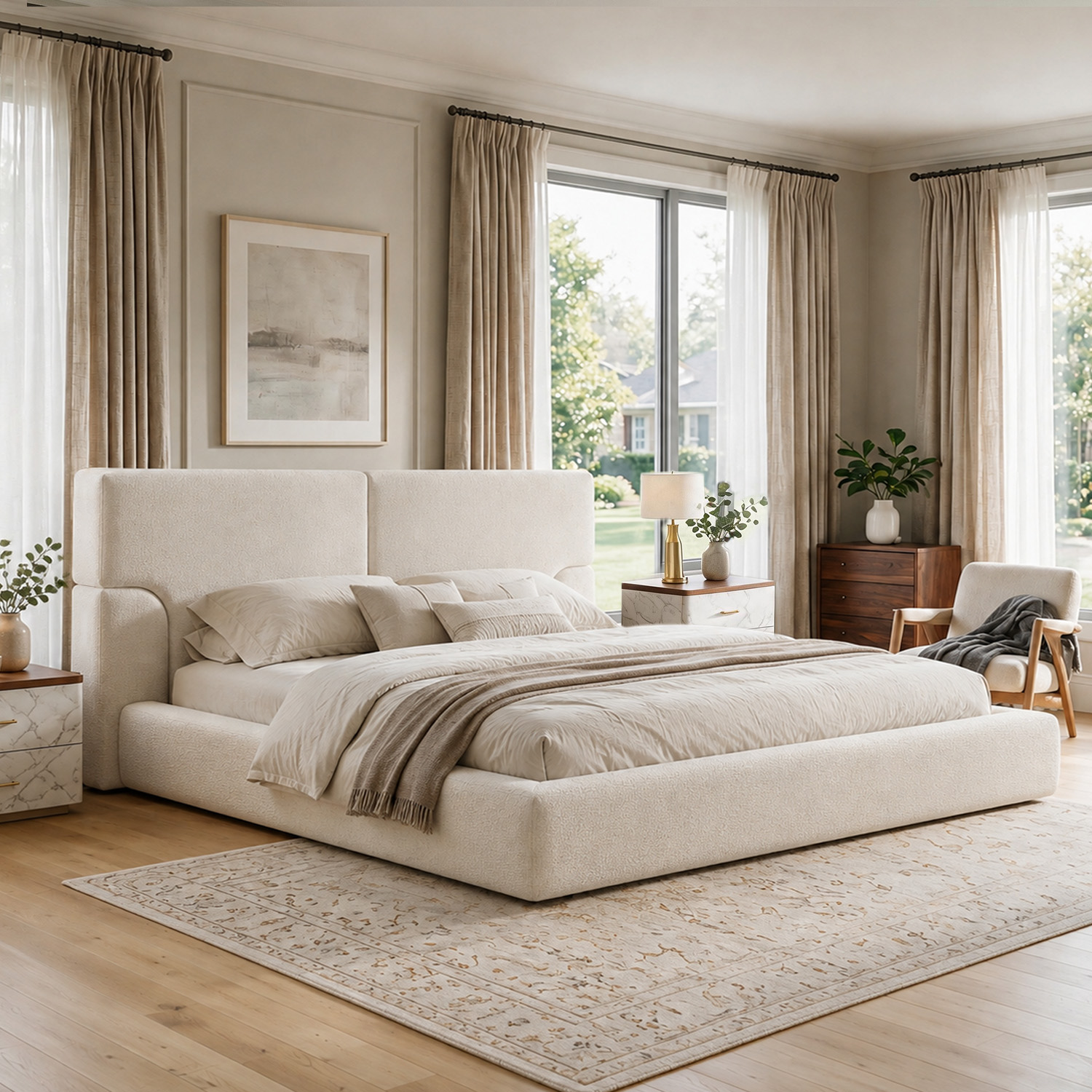 King Platform Bed Frame with Padded Polyester Headboard