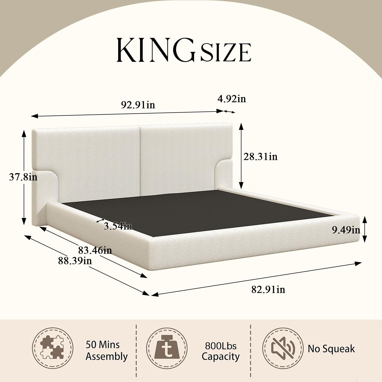 King Platform Bed Frame with Padded Polyester Headboard