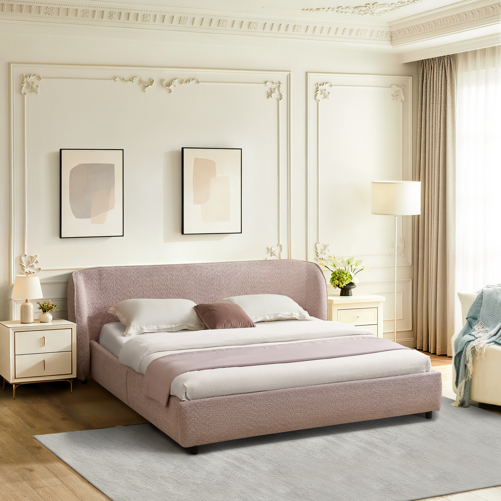 Queen Size Boucle Fabric Upholstered Bed Frame