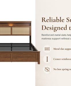 Queen Size Bed Frame with Rattan Headboard