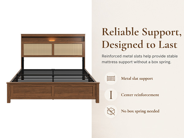 Queen Size Bed Frame with Rattan Headboard