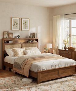 Queen Size Bed Frame with Rattan Headboard