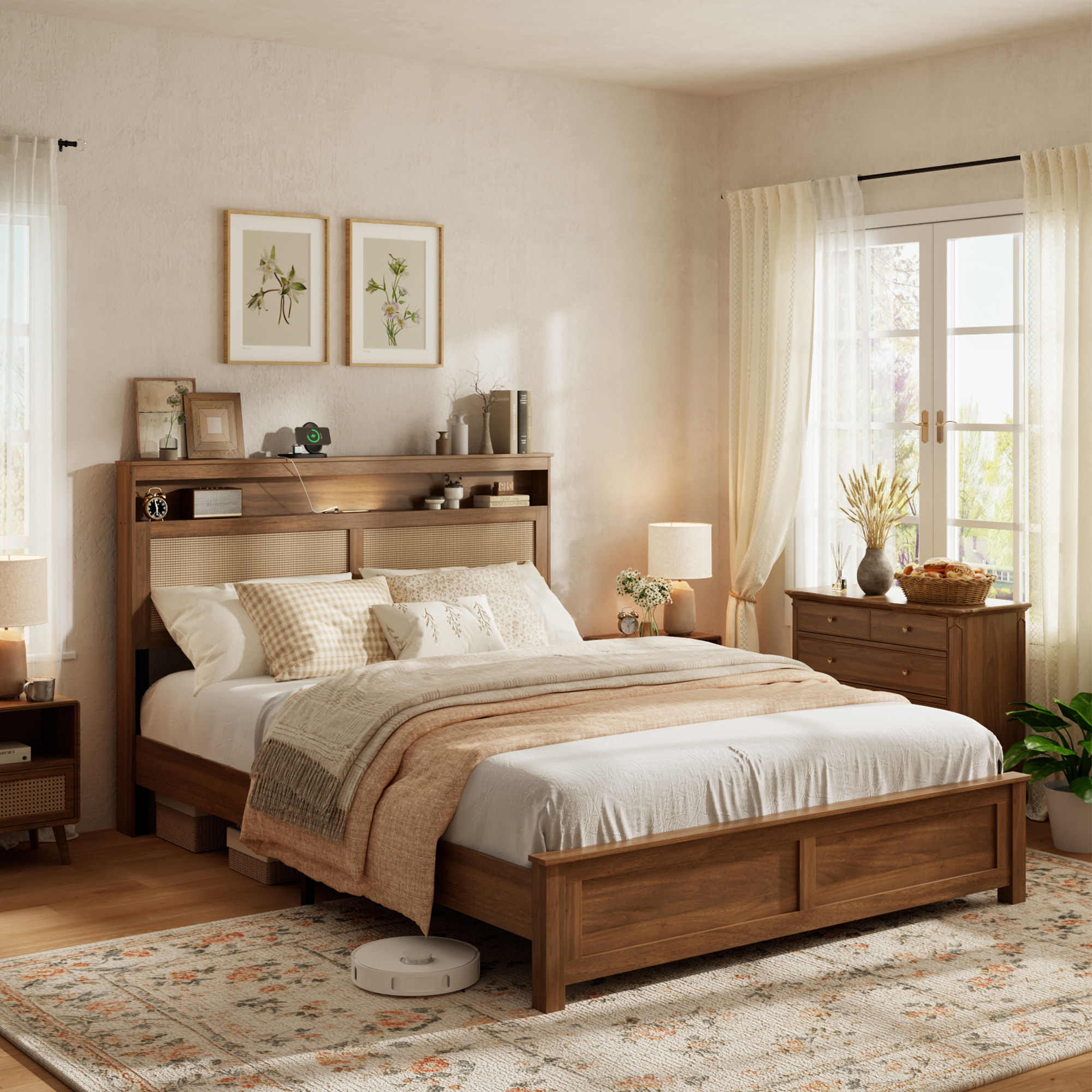 Queen Size Bed Frame with Rattan Headboard