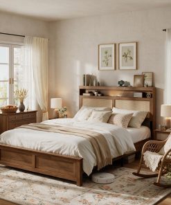 Queen Size Bed Frame with Rattan Headboard