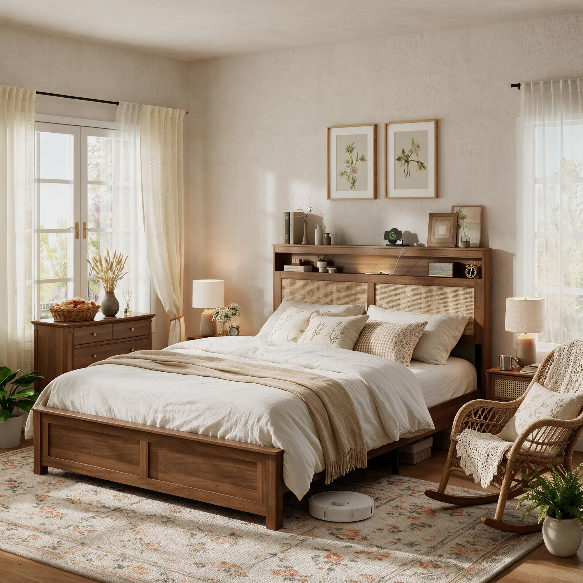 Queen Size Bed Frame with Rattan Headboard