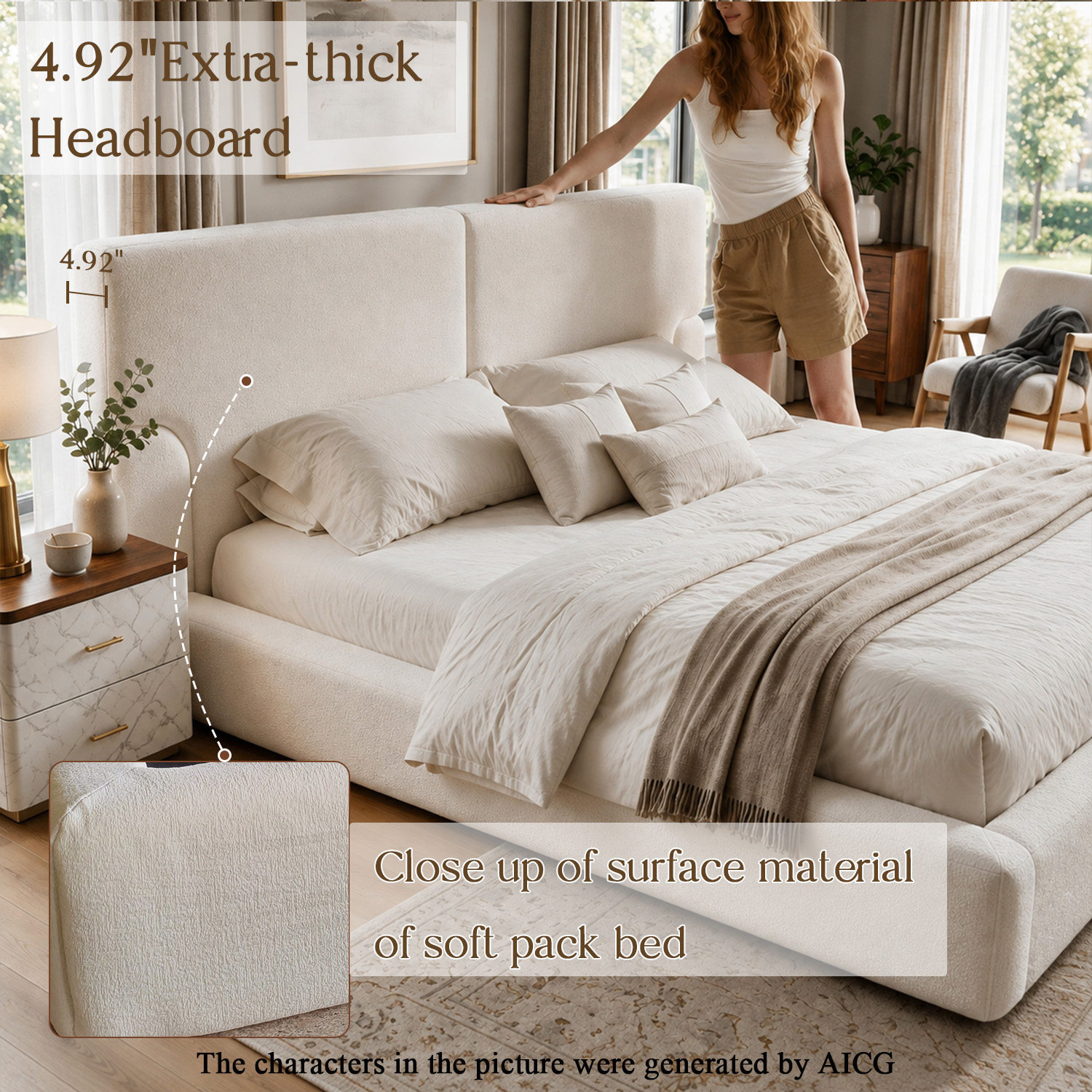 King Platform Bed Frame with Padded Polyester Headboard