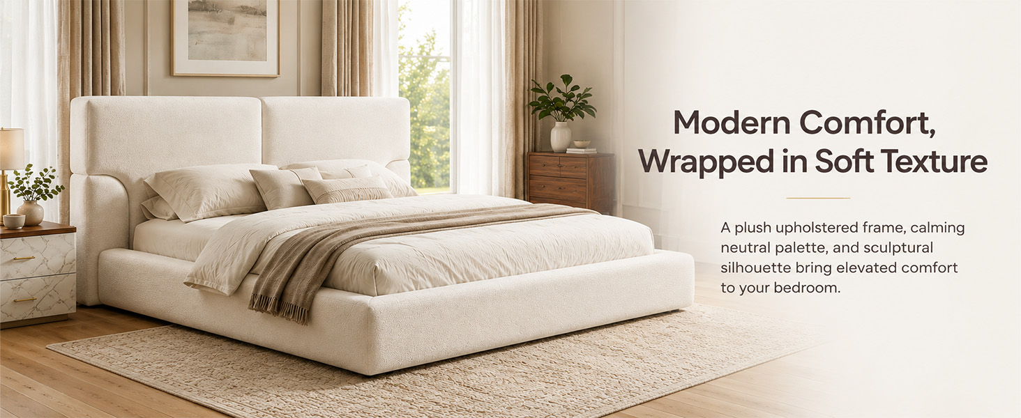 King Platform Bed Frame with Padded Polyester Headboard
