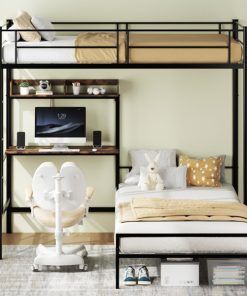 Twin Over Twin Size Bunk Bed With Desk and Charging Station