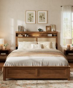 Queen Size Bed Frame with Rattan Headboard