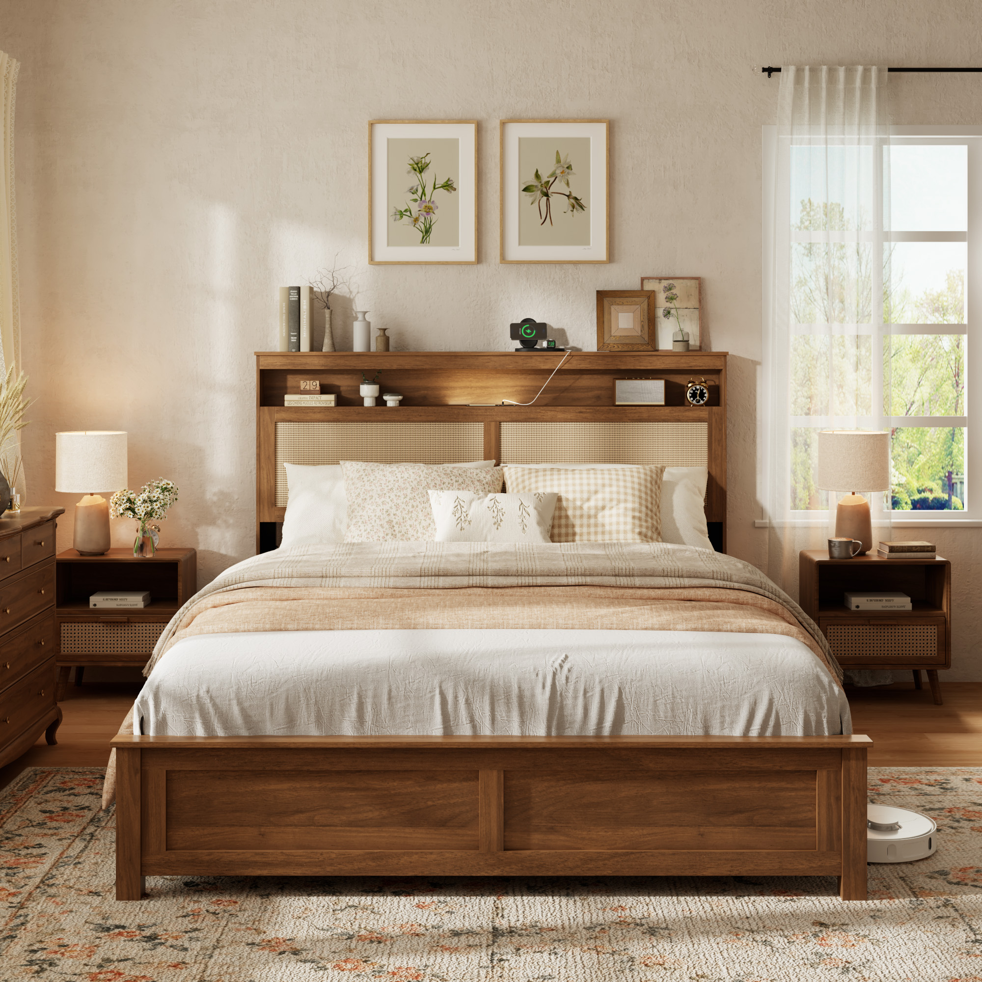 Queen Size Bed Frame with Rattan Headboard