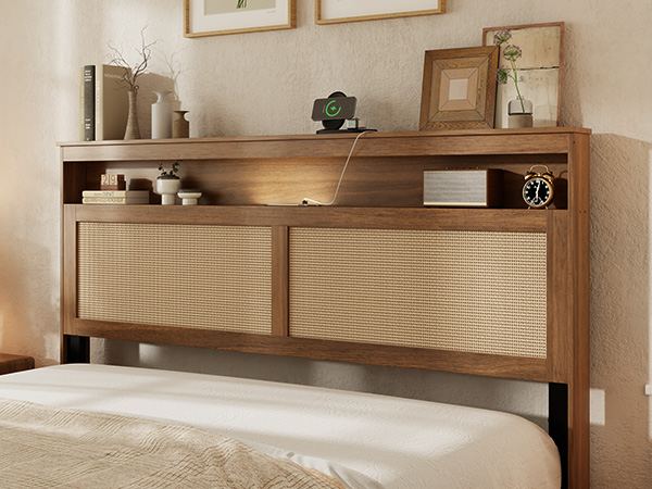 Queen Size Bed Frame with Rattan Headboard