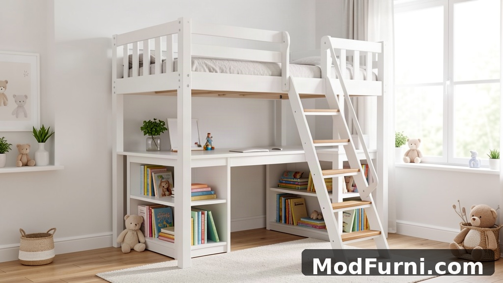 High loft bed with desk and shelves underneath