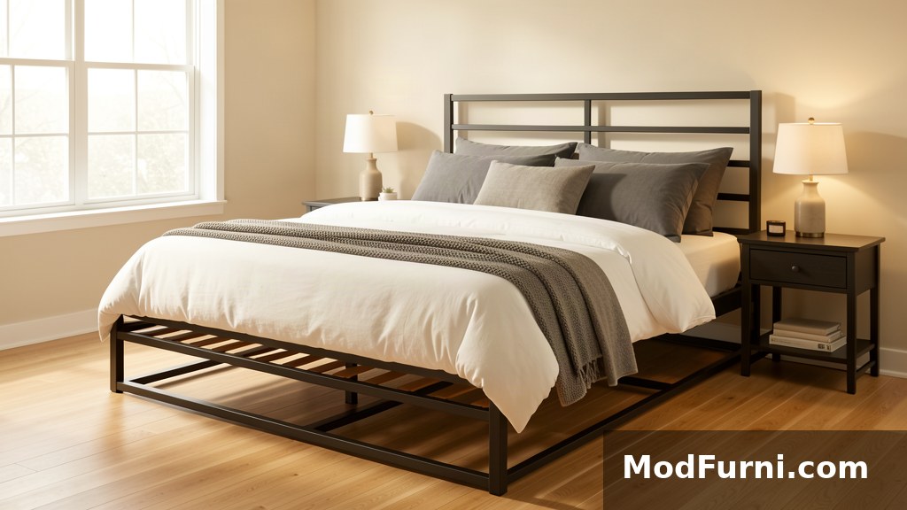 Modern king bed frame in a bright master bedroom