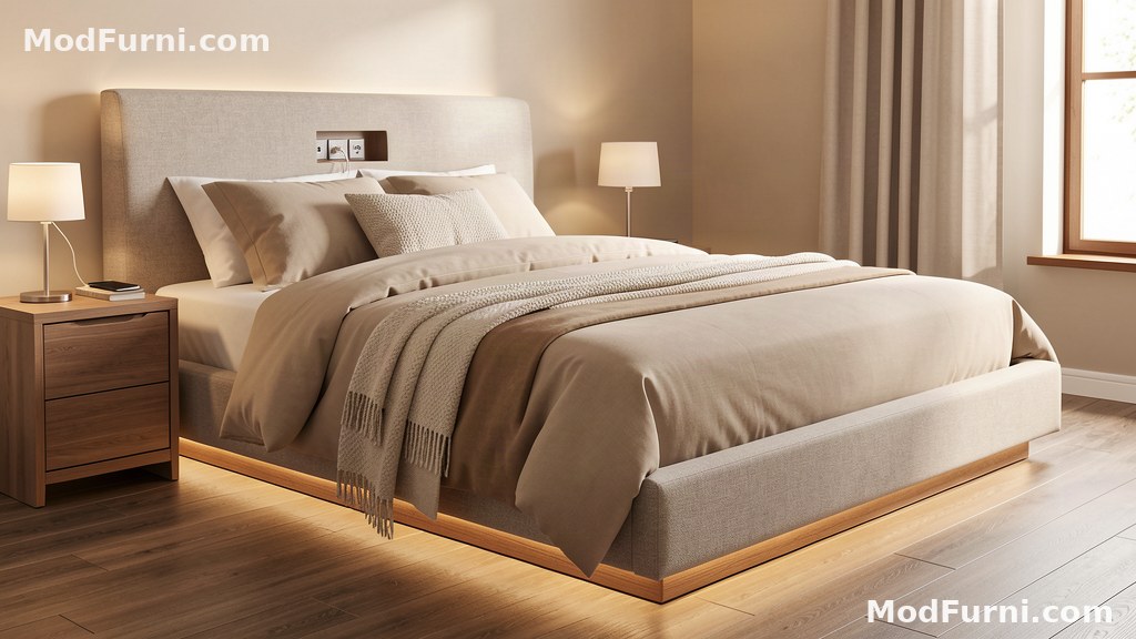 Modern platform bed with charging station headboard in a cozy bedroom