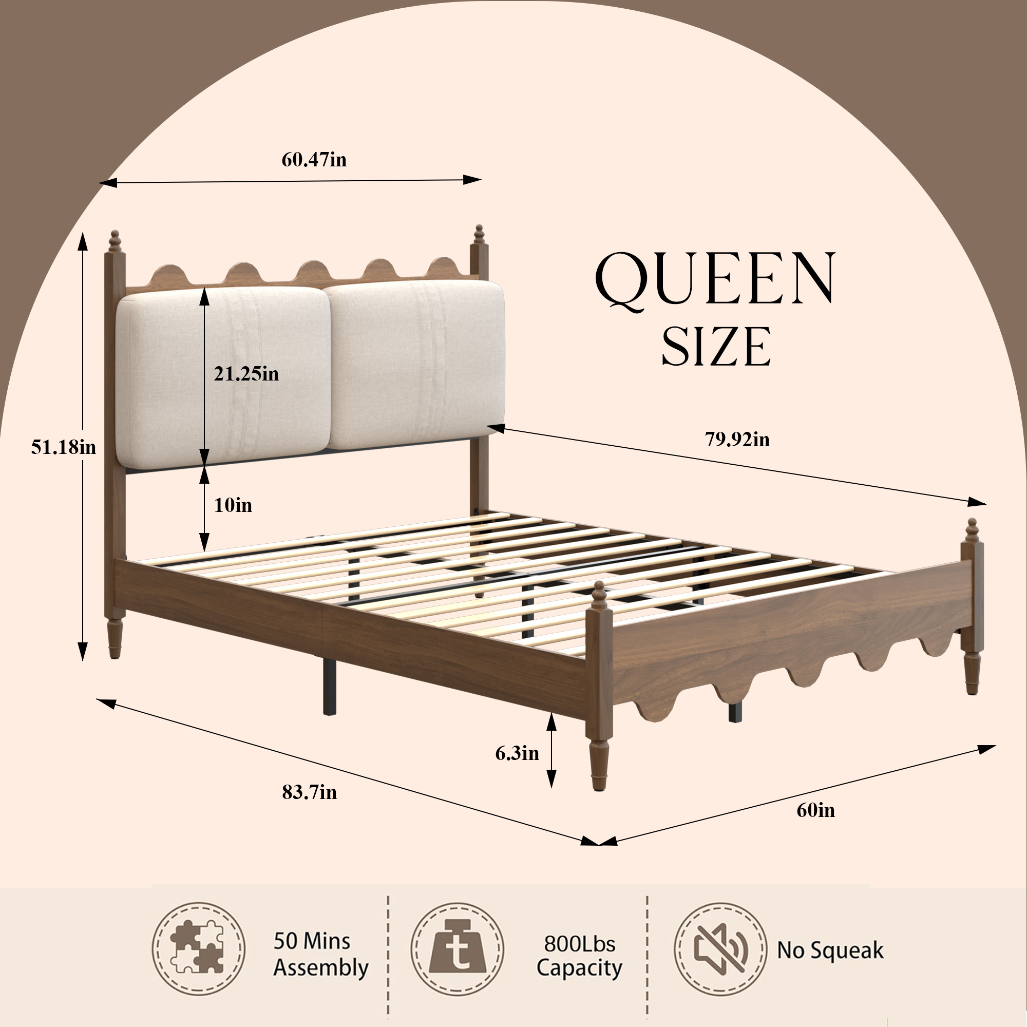 Queen Size Bed Frame with Upholstered Headboard - Image 8