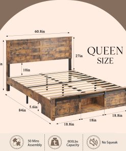 Queen Bed Frame with Upholstered Headboard