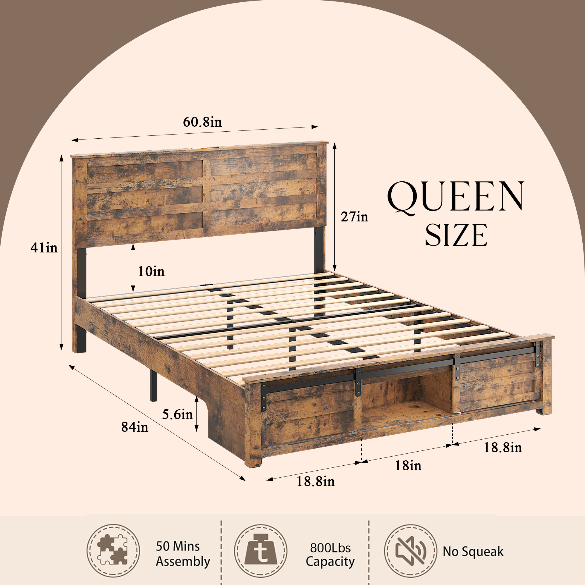 Queen Bed Frame with Upholstered Headboard