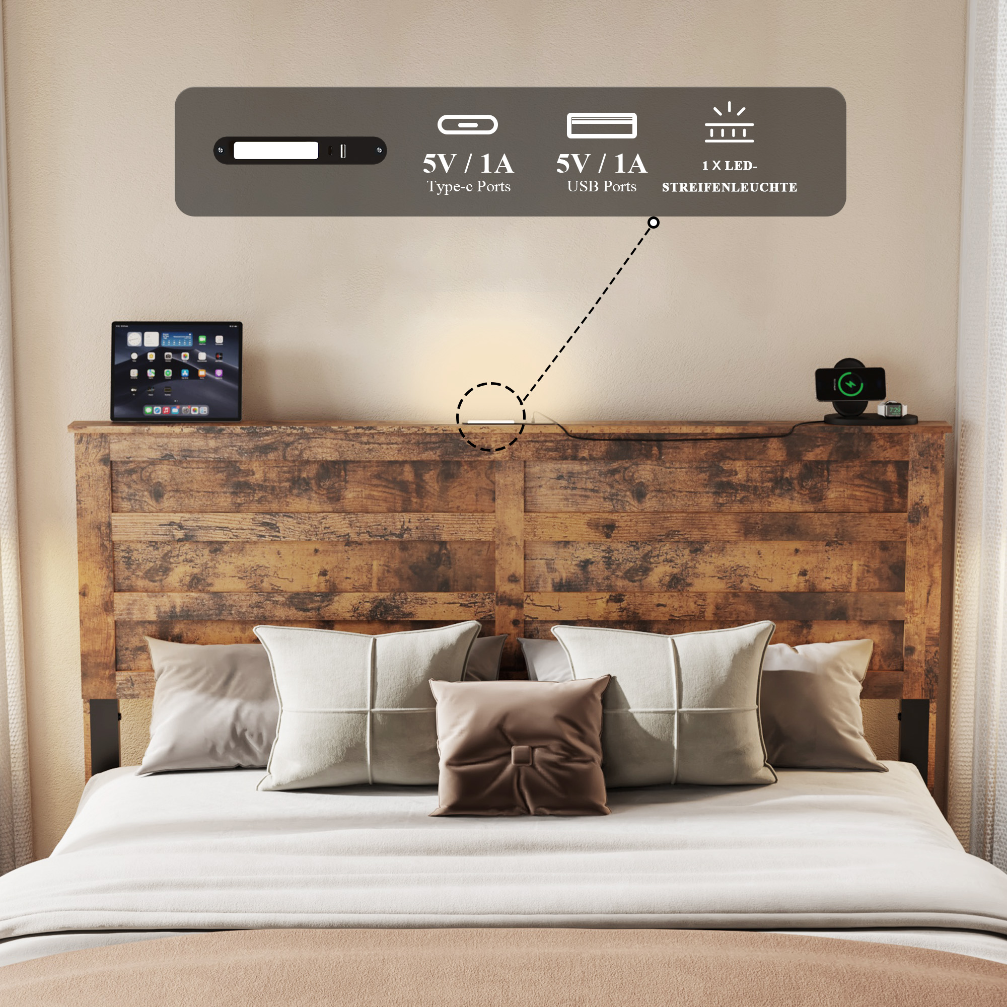 Queen Bed Frame with Upholstered Headboard