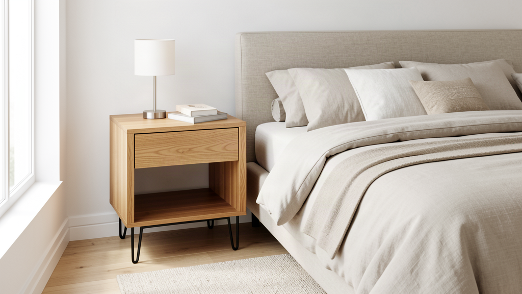 Modern wooden nightstand with drawer beside a bed