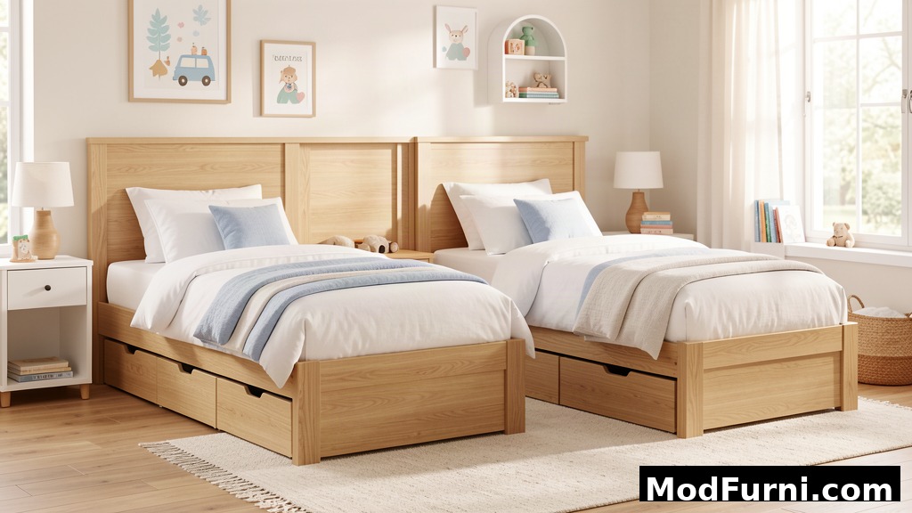 Double twin bed frame holding two twin mattresses side by side