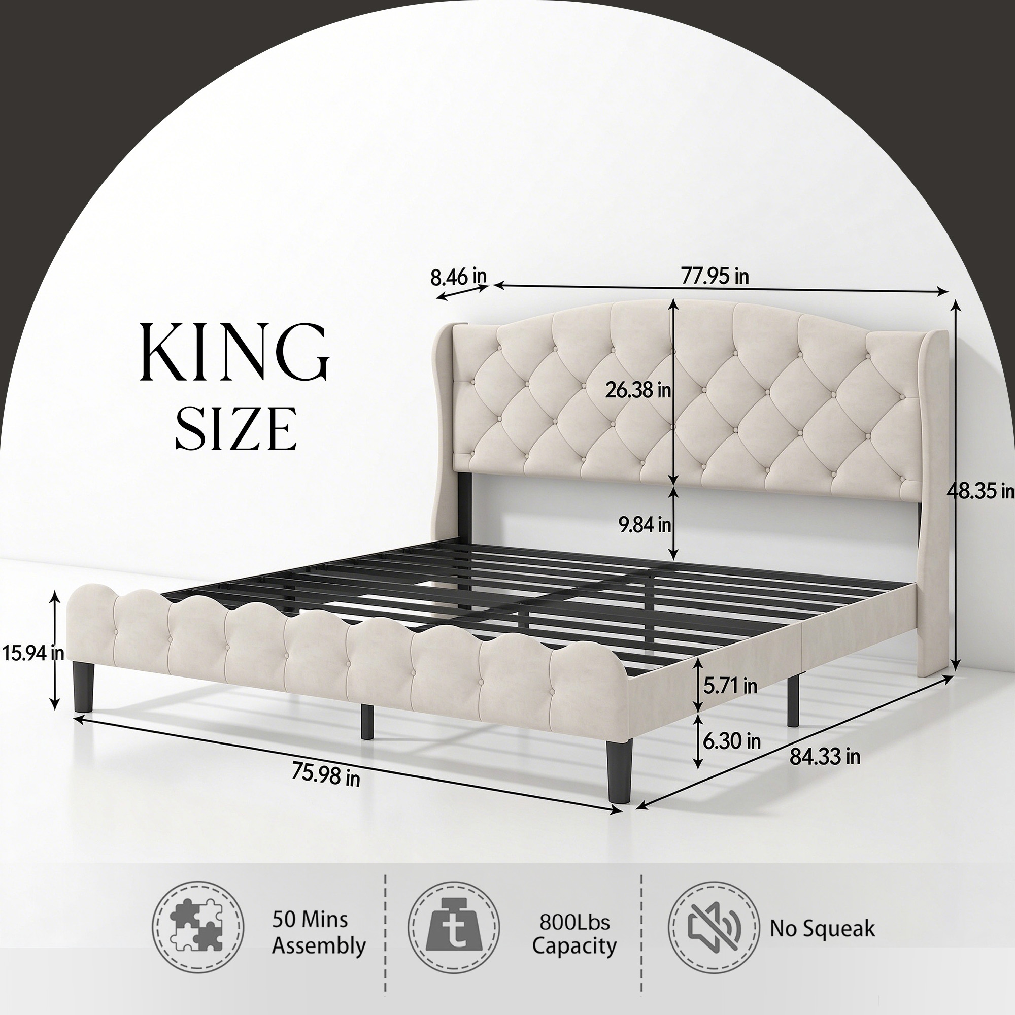 King Upholstered Platform Bed Frame