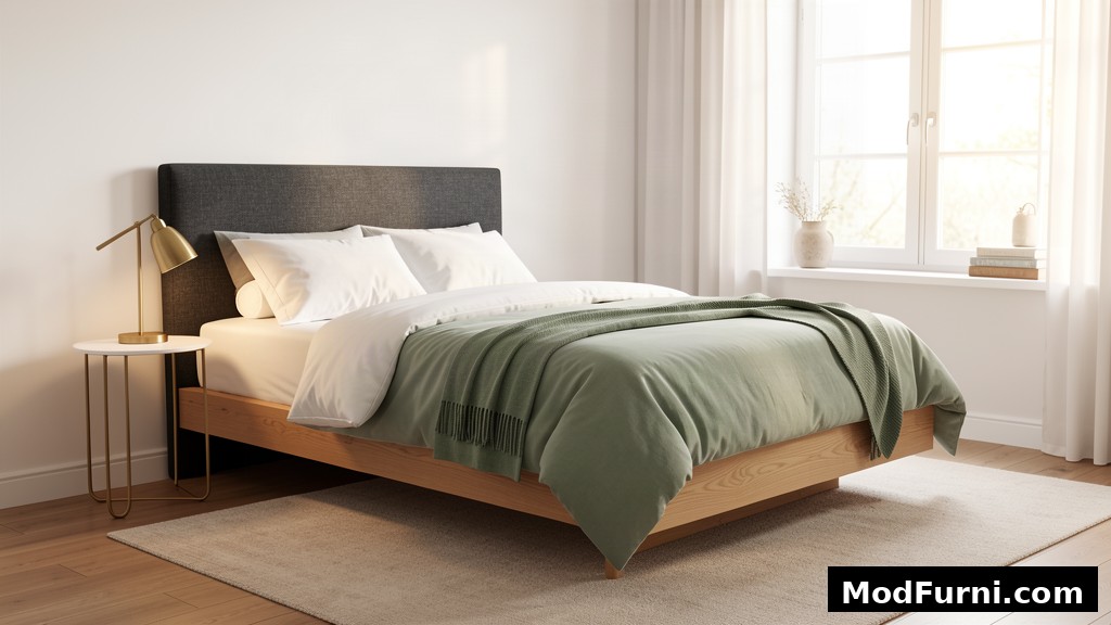 Twin size platform bed frame with slats in a small bedroom
