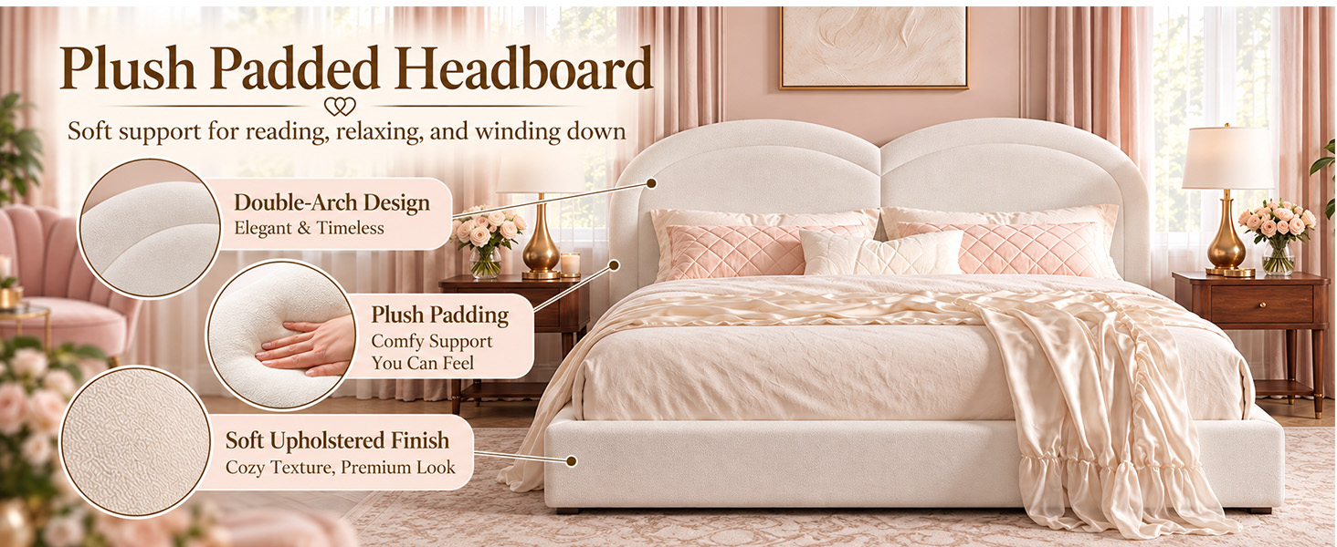 Queen Size Upholstered Platform Bed with Arched Headboard