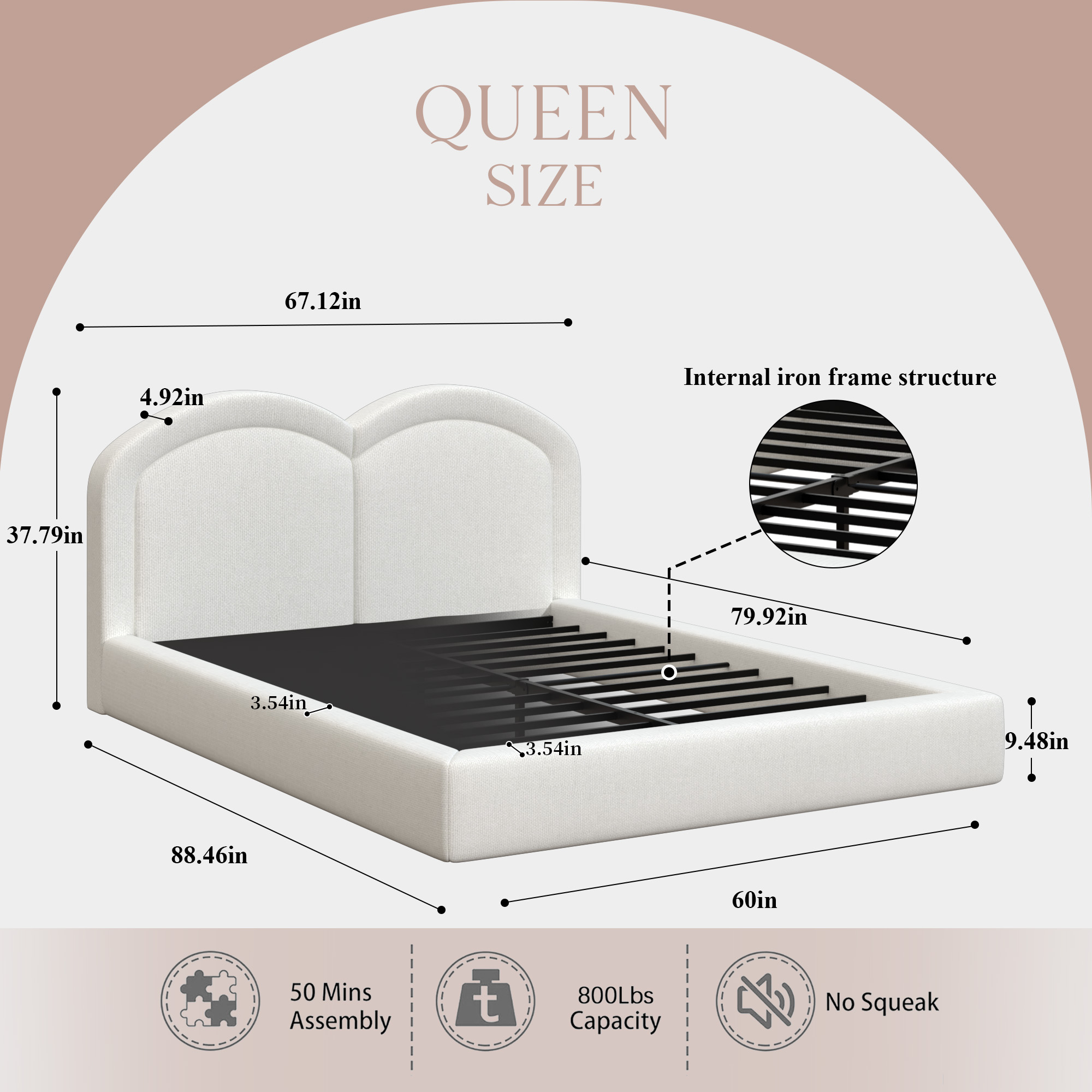 Queen Size Upholstered Platform Bed with Arched Headboard