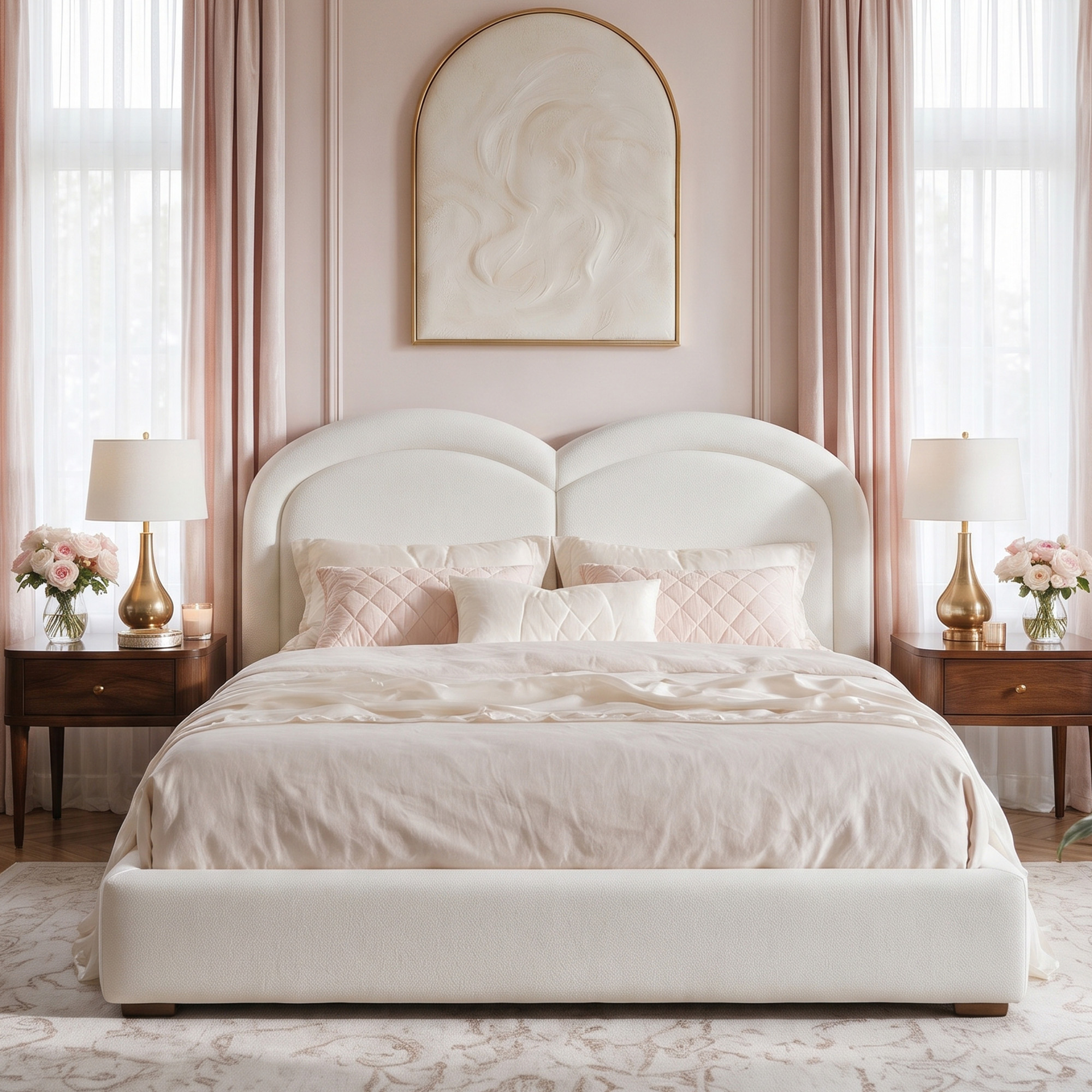 Queen Size Upholstered Platform Bed with Arched Headboard