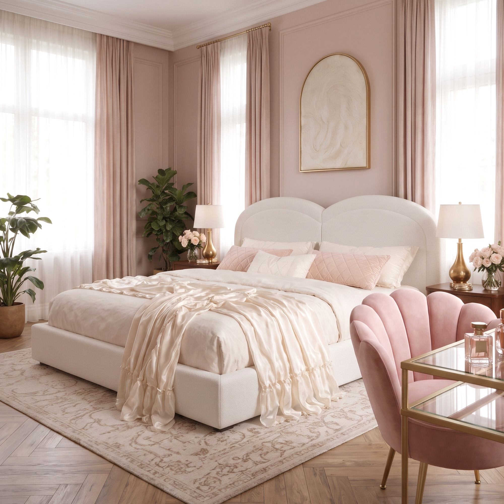 King Size Upholstered Platform Bed With Arched Headboard
