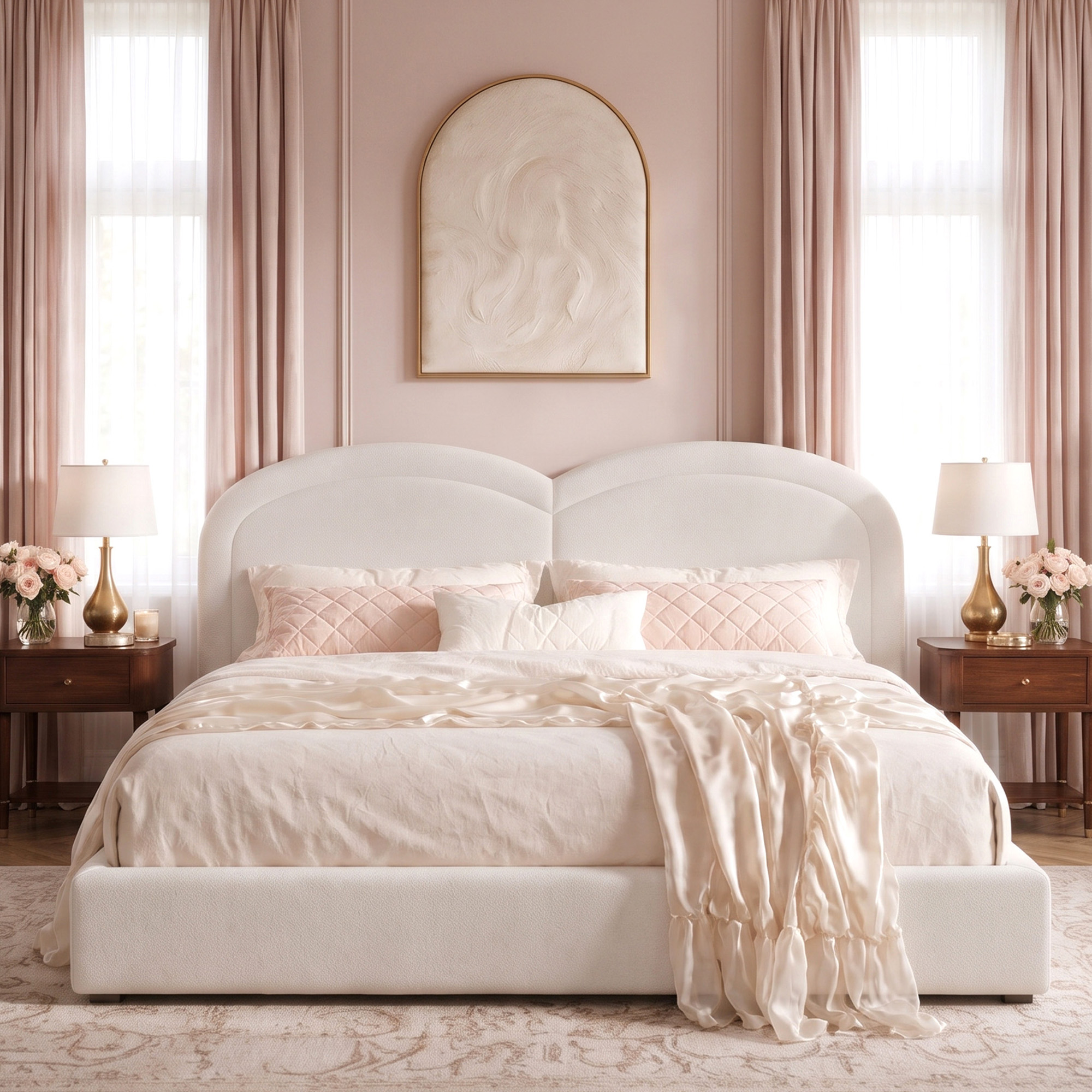 King Size Upholstered Platform Bed With Arched Headboard