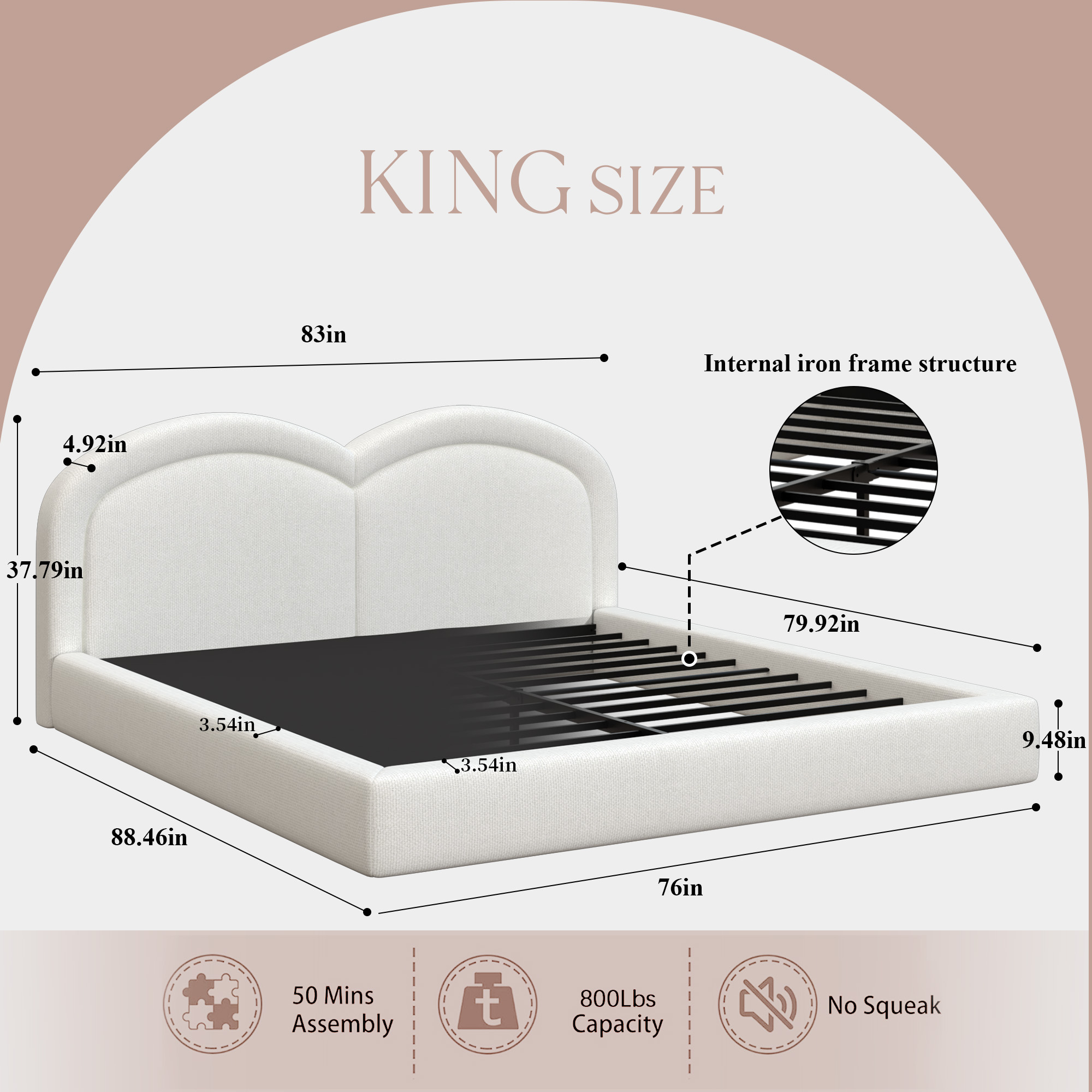 King Size Upholstered Platform Bed With Arched Headboard