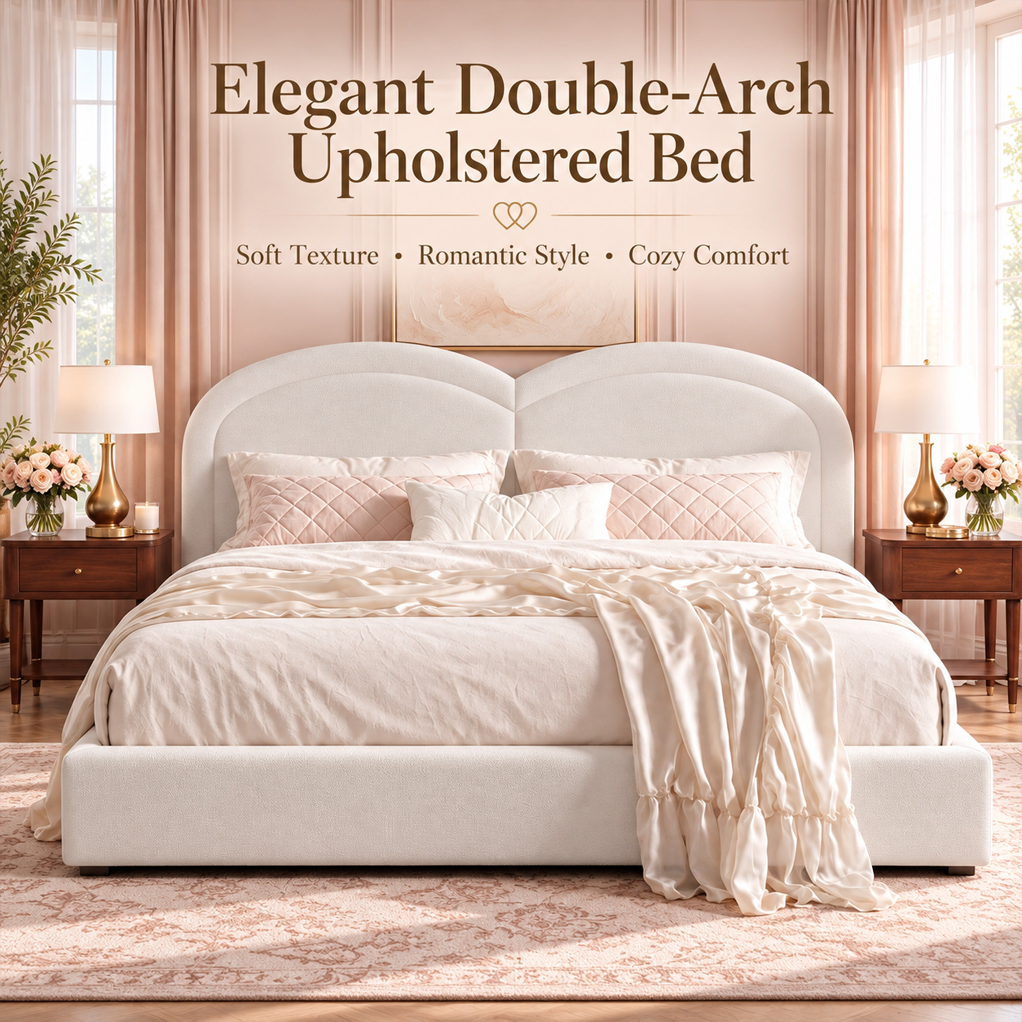King Size Upholstered Platform Bed With Arched Headboard