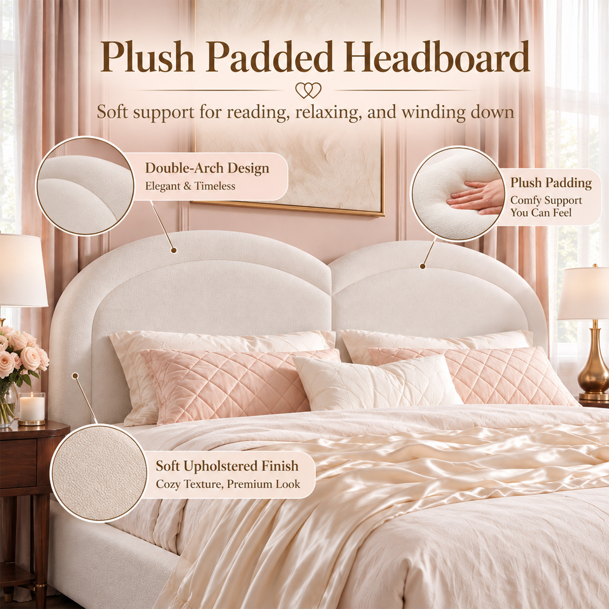 Queen Size Upholstered Platform Bed with Arched Headboard