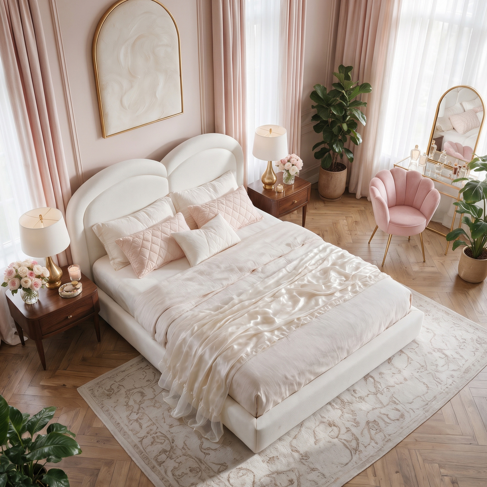 Queen Size Upholstered Platform Bed with Arched Headboard