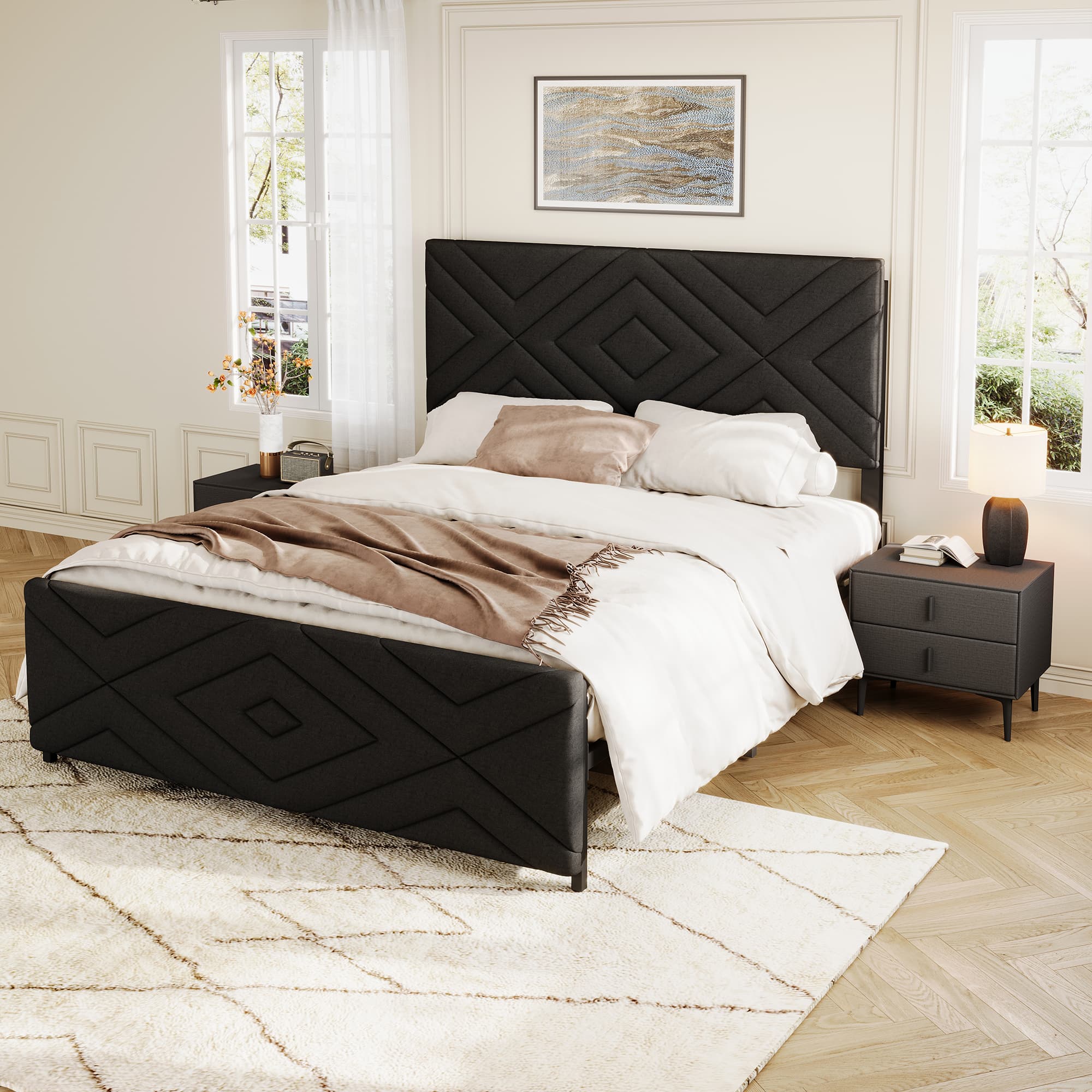 Full Size Boucle Bed Frame, Antique Black