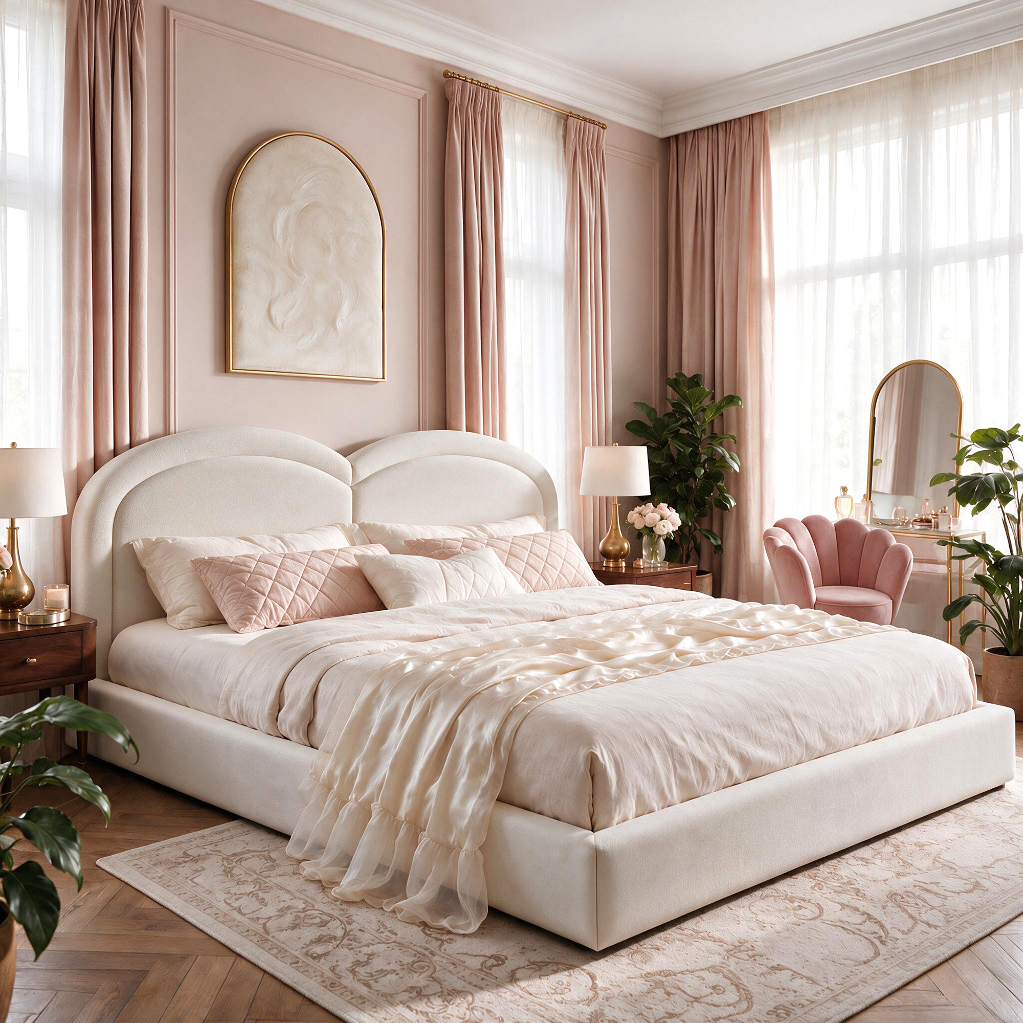 King Size Upholstered Platform Bed With Arched Headboard