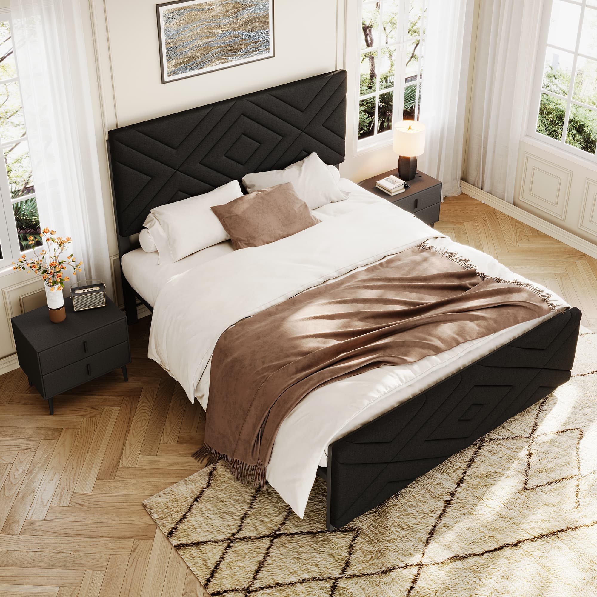 Full Size Boucle Bed Frame, Antique Black