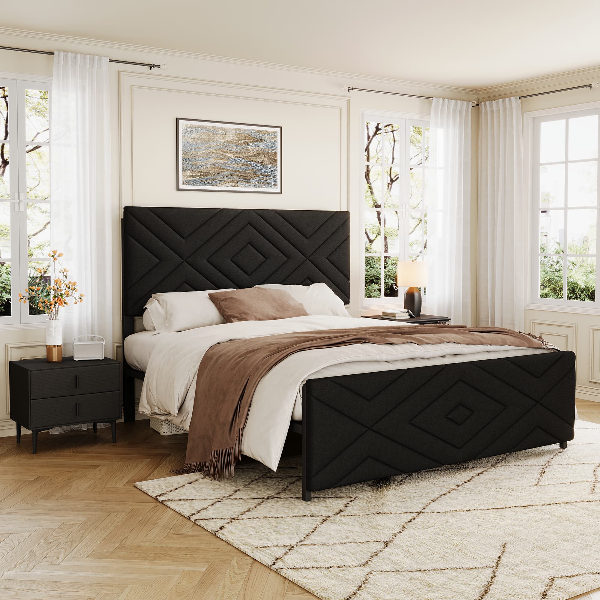 Full Size Boucle Bed Frame, Antique Black
