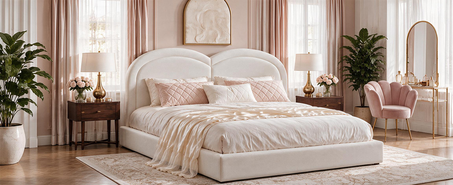 Queen Size Upholstered Platform Bed with Arched Headboard