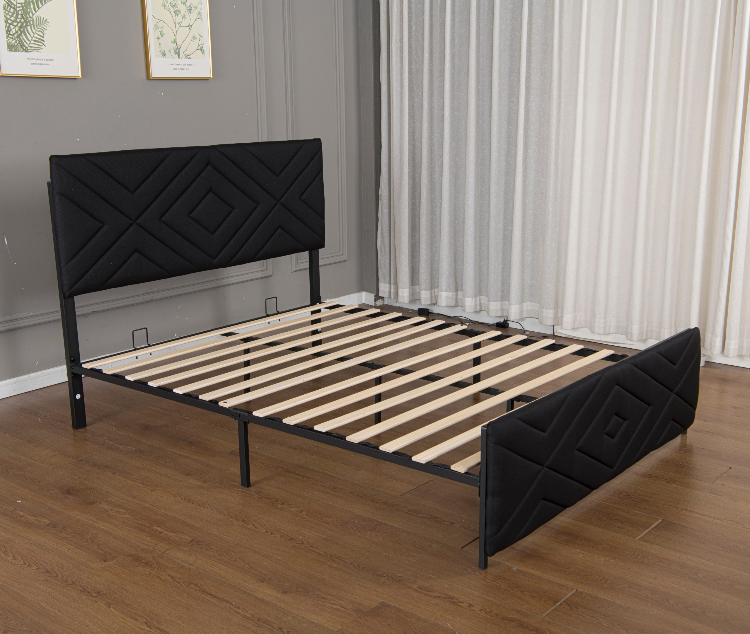 Full Size Boucle Bed Frame, Antique Black