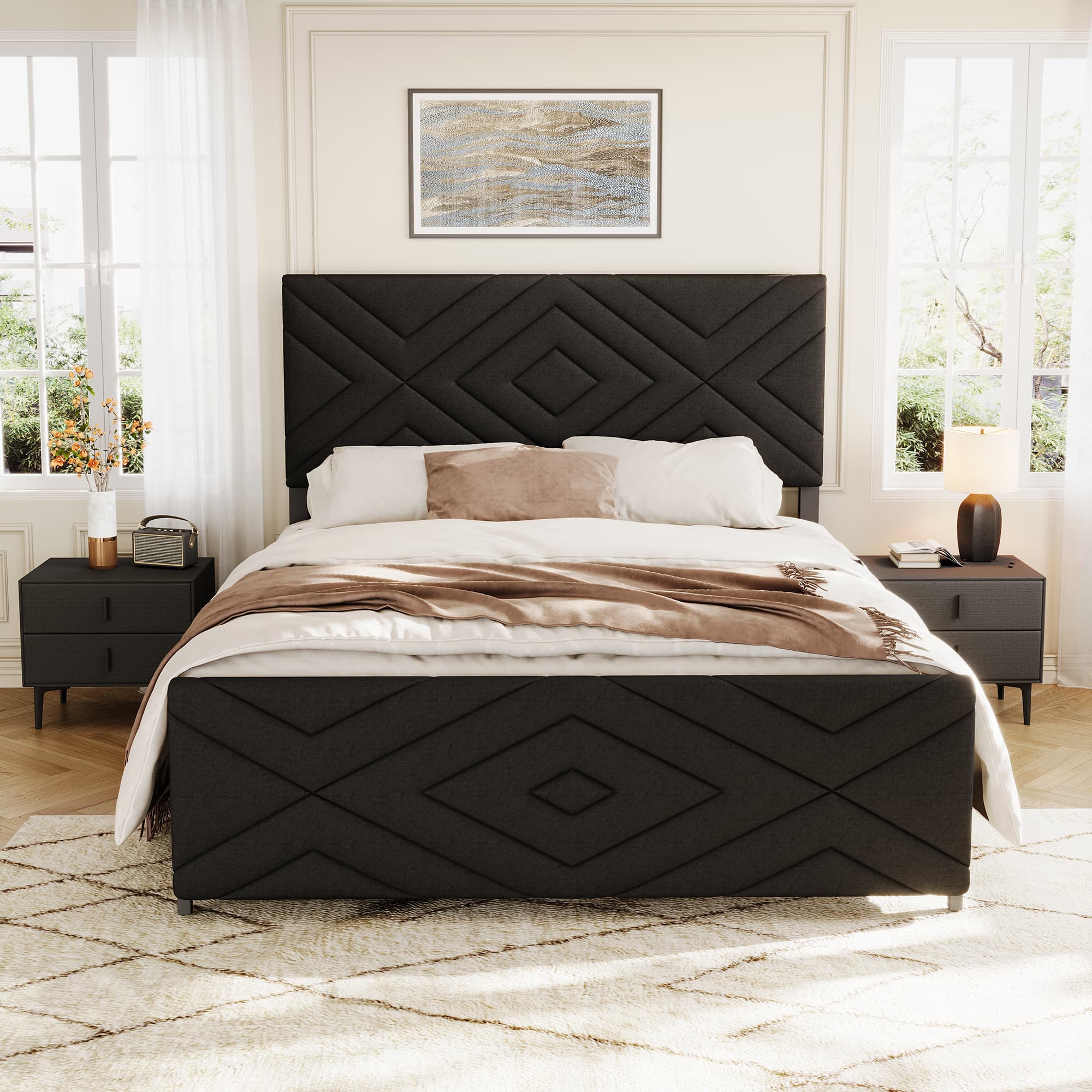 Full Size Boucle Bed Frame, Antique Black