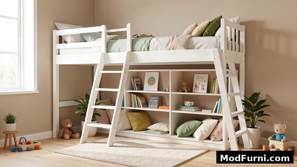 Kids loft bed with safety guardrails and ladder in a bright child's bedroom with under-bed play space